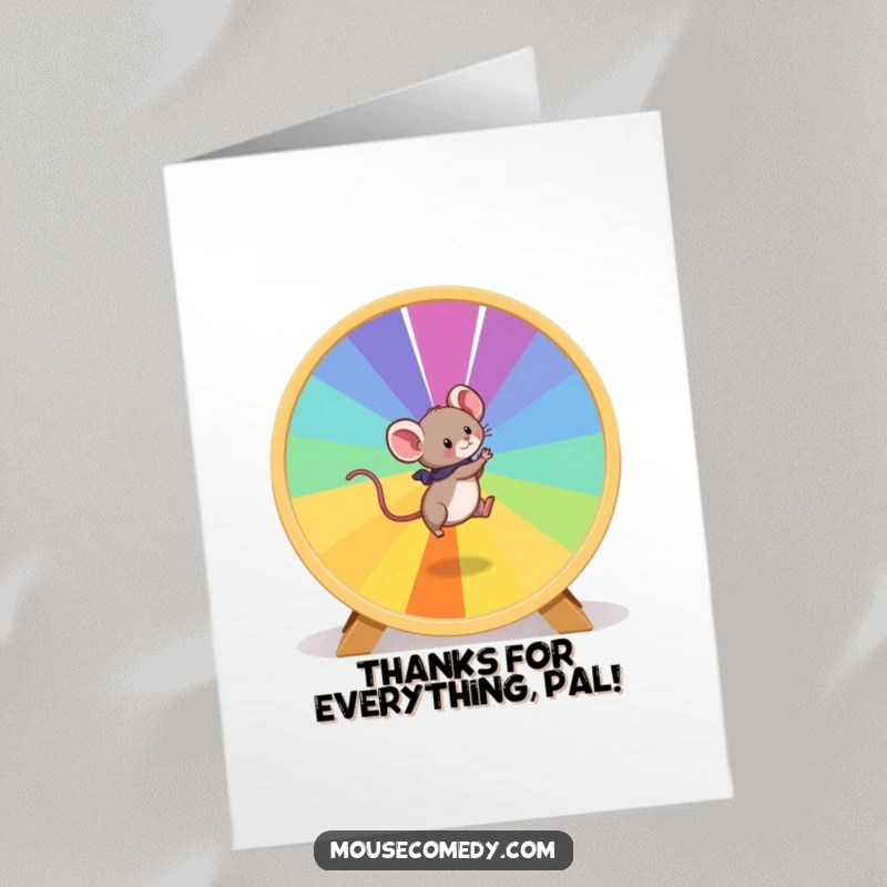 Funny free printable thank you card: a playful mouse sprints on a massive, multi-colored hamster wheel.