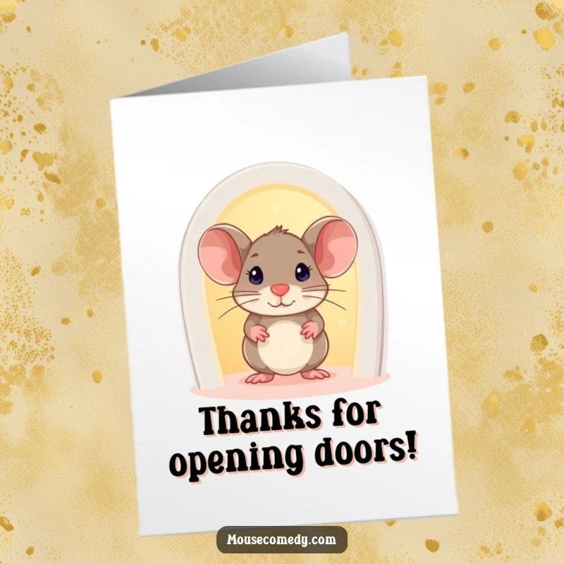 Funny free printable thank you card: a curious mouse curiously inspects a small, glowing portal.