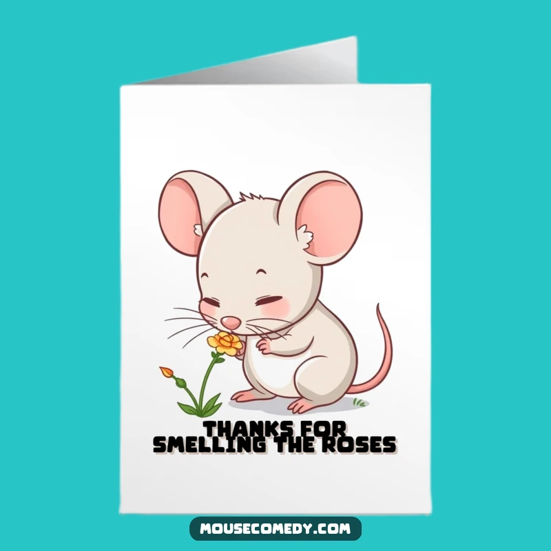 Free Printable Thank You Card: Funny Mouse Flower Sniffing Downloadable Gift