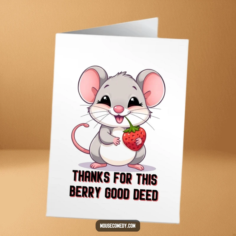 Funny Free Printable Thank You Card: A giggling mouse balances a berry on its nose, a funny thank you.