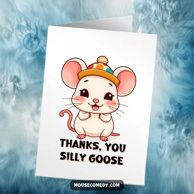 Amusing free printable thank you card of a kawaii mouse wearing a wacky hat, looking delightfully pleased.