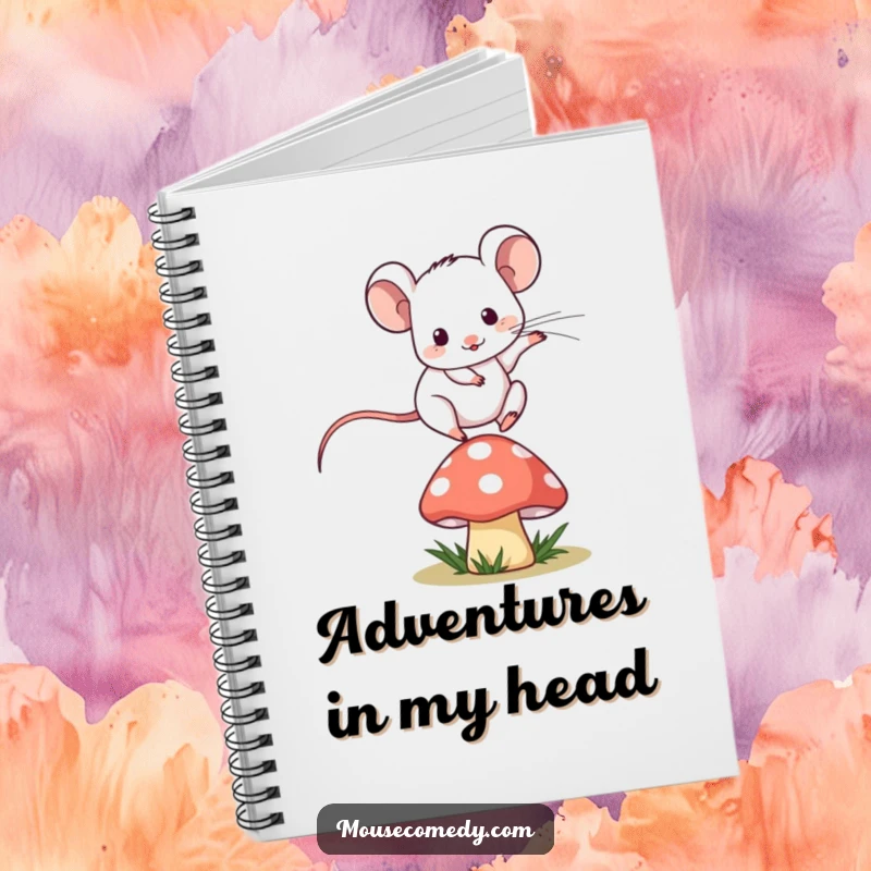 Funny kawaii mouse playfully jumping over a tiny, stylized mushroom on the cover of a lined notebook.
