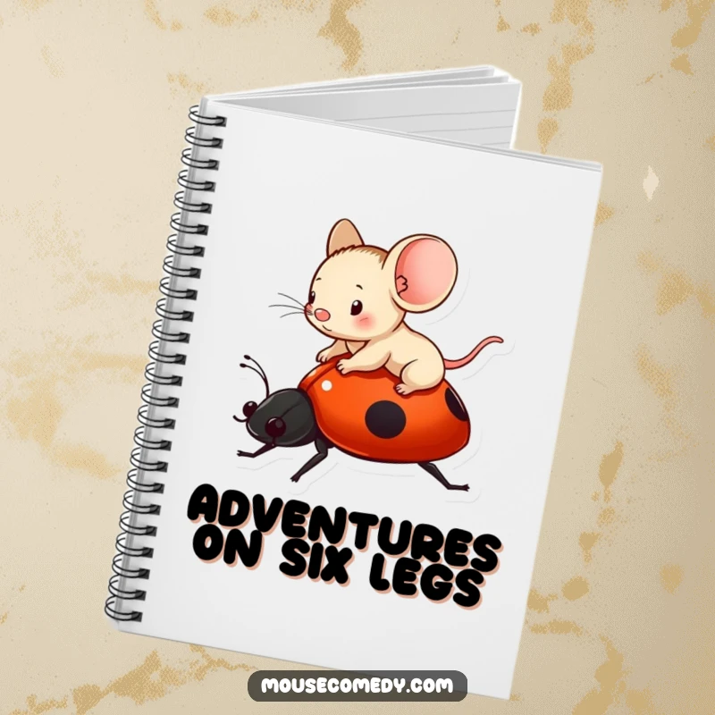 Funny tiny mouse happily riding a ladybug, printed on the cover of a notebook for jotting down adventures.