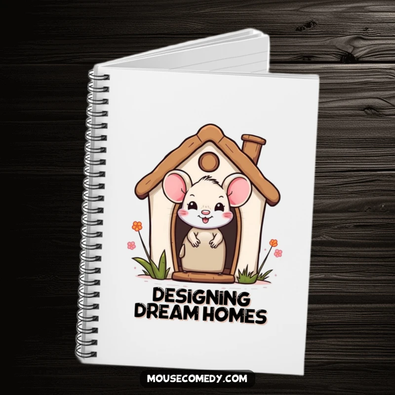 Funny notebook with a smiling mouse peeking from a miniature house, inspiring creative thoughts and delightful note-taking sessions.