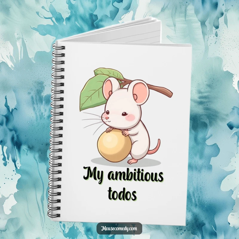 Funny notebook cover with a mouse struggling to carry a large seed, symbolizing big goals.