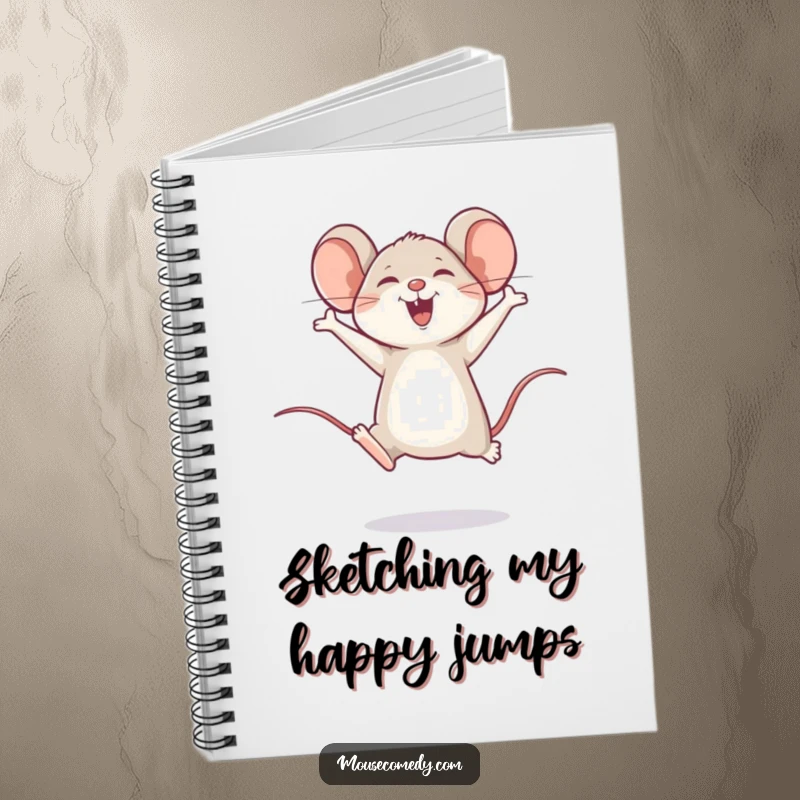 Funny notebook featuring a happy mouse doing a joyful leap, ideal for jotting down happy and funny ideas.