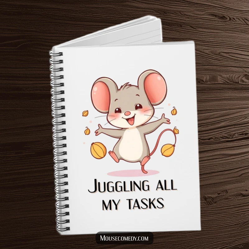 Funny Happy Mouse Notebook: A playful notebook cover shows a mouse character gleefully juggling seeds, ready for your funny notes and ideas.