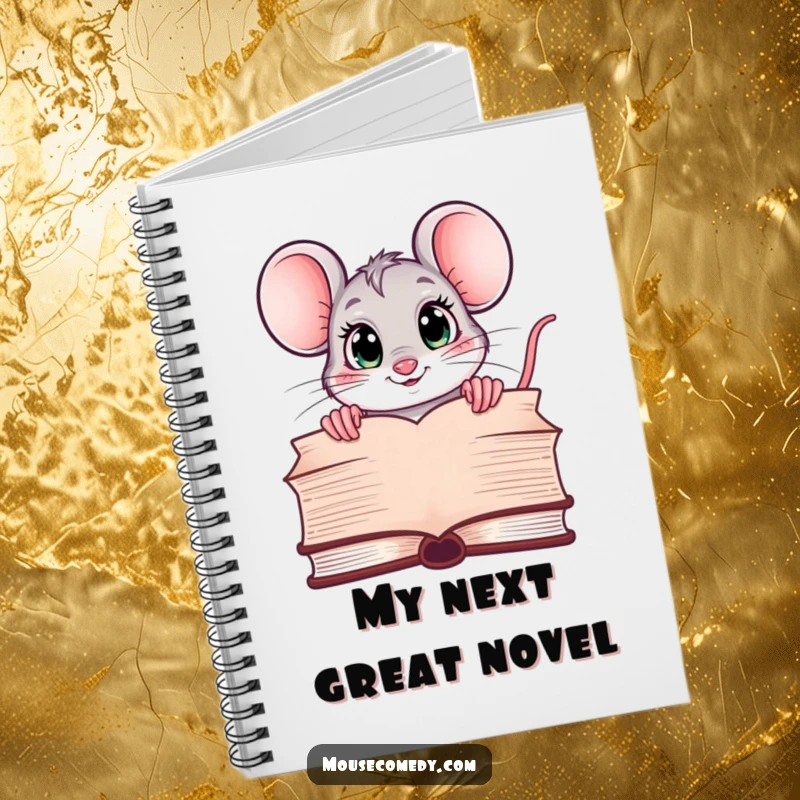 Funny notebook with a kawaii mouse peeking over a large book, its eyes wide with curiosity, perfect for students and creative writers.