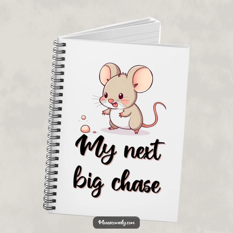 Funny kawaii mouse determinedly chasing a minuscule dust speck on the cover of a lined notebook.