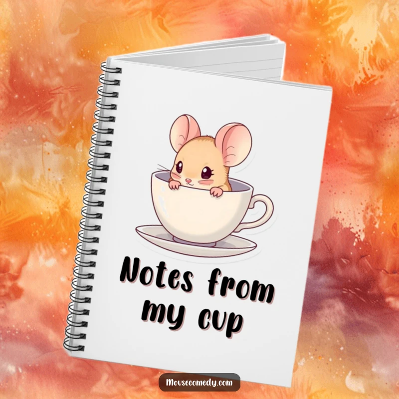 Funny kawaii mouse peeking out from a miniature teacup on the cover of a lined notebook.