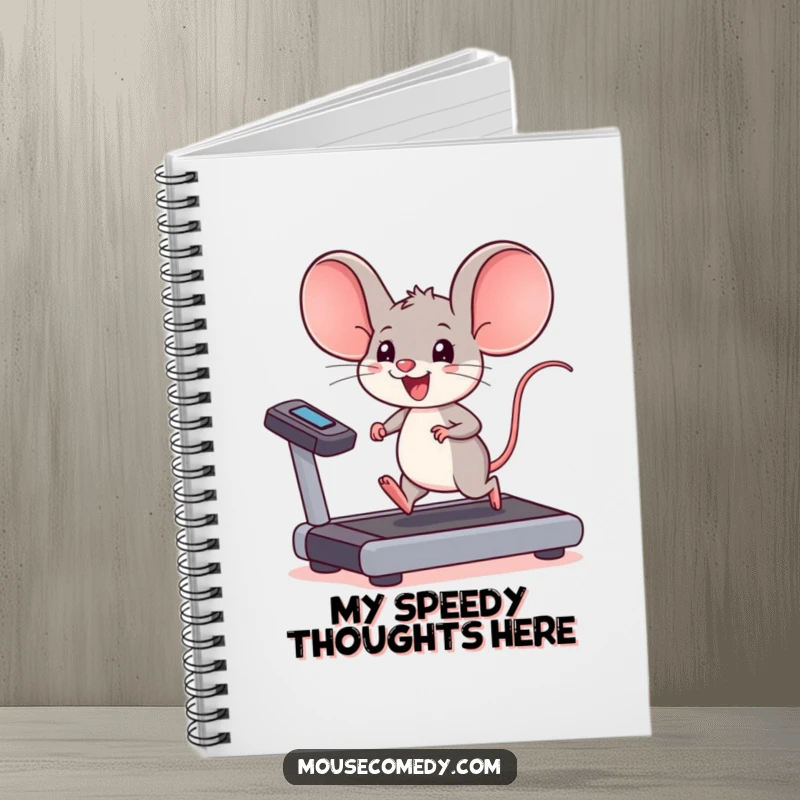 Funny kawaii mouse notebook, a mouse with large ears running on a treadmill, perfect for tracking fitness goals.