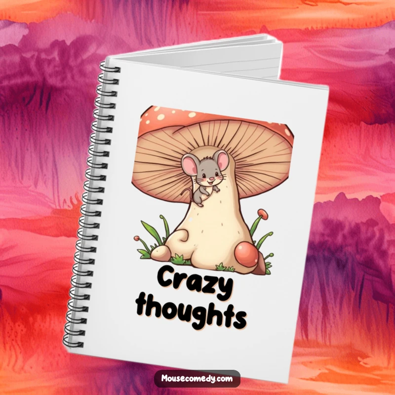 Funny tiny mouse notebook cover, with a mischievous wink, climbing a giant mushroom, inspiring adventurous writing.