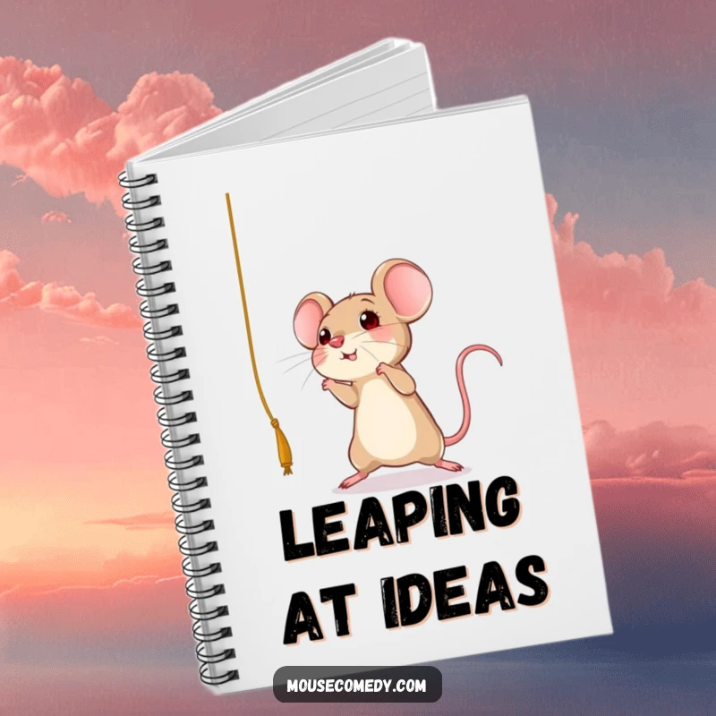 Funny mouse notebook cover with a graphic of a rodent in mid-leap, reaching for a dangling string, a playful funny gift.