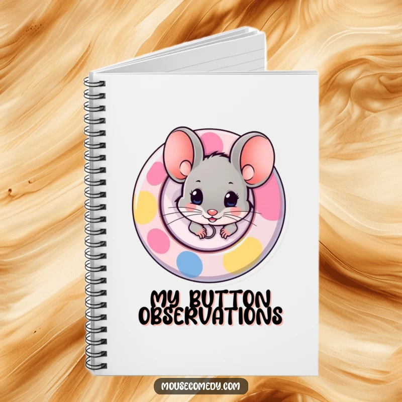 Funny notebook cover with a mouse peeking out from behind a large, colorful button, inspiring curiosity and thoughtful reflection.