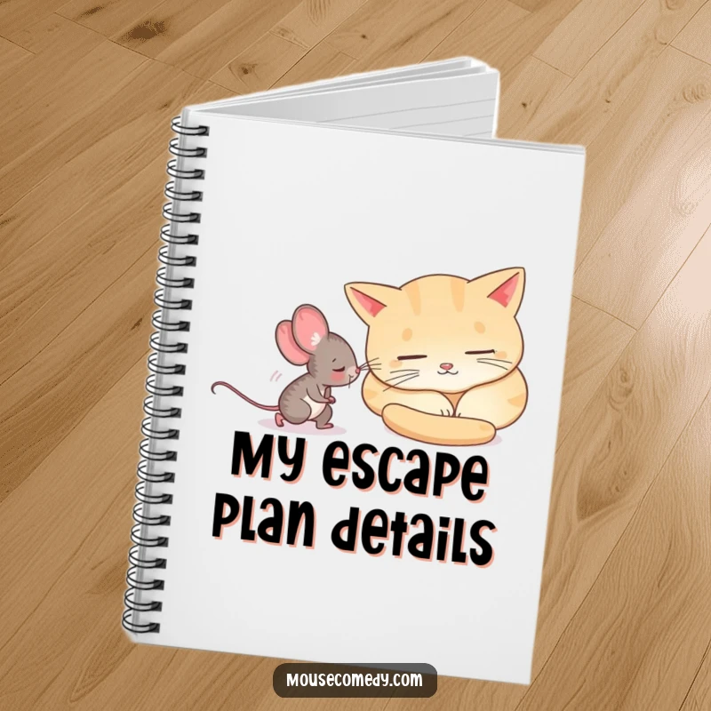 Funny mouse engaged in stealthy movement past a cat, depicted on the cover of a notebook.