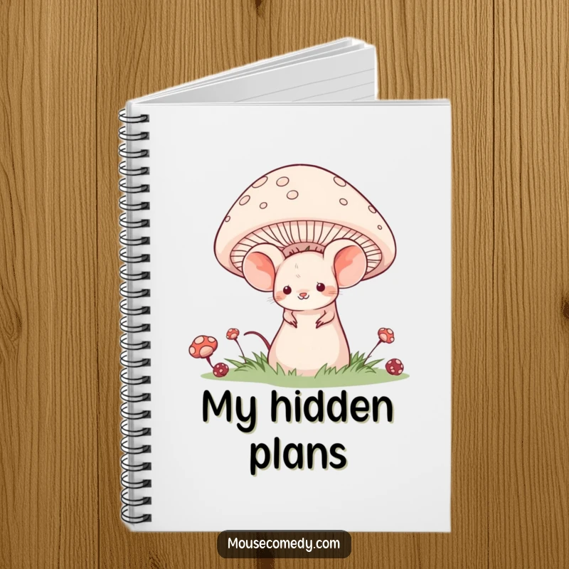 Funny notebook cover with a shy mouse and a gentle smile, hiding behind a giant mushroom.