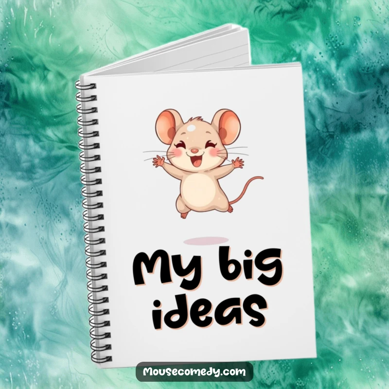 Funny notebook cover art of a tiny mouse character with energetic bounds, leaping joyfully, ready for your notes.