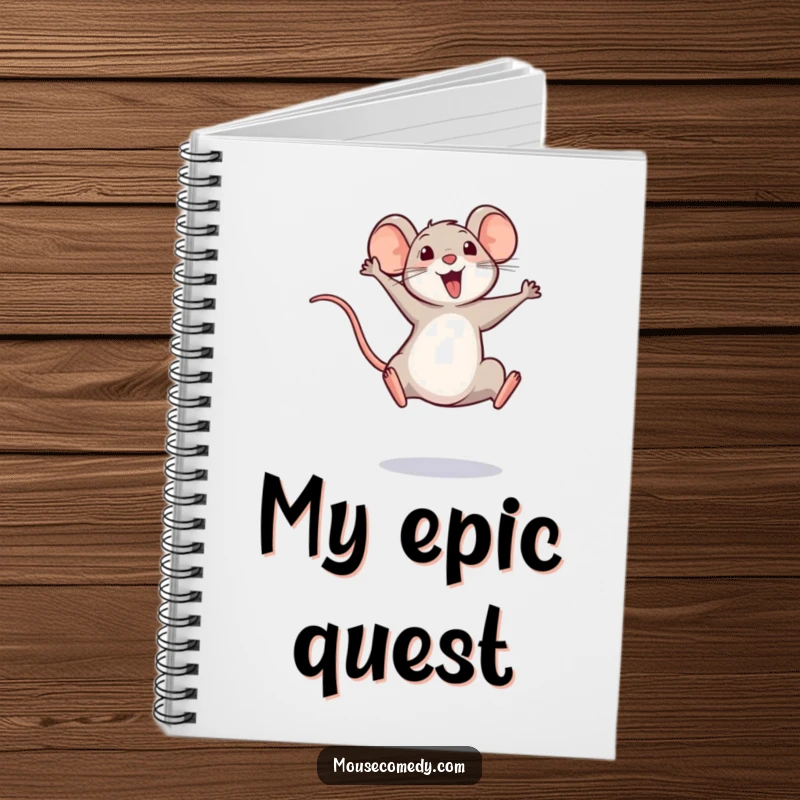 Funny notebook cover with a small mouse in a triumphant leap, tail high, symbolizing achievement and success.