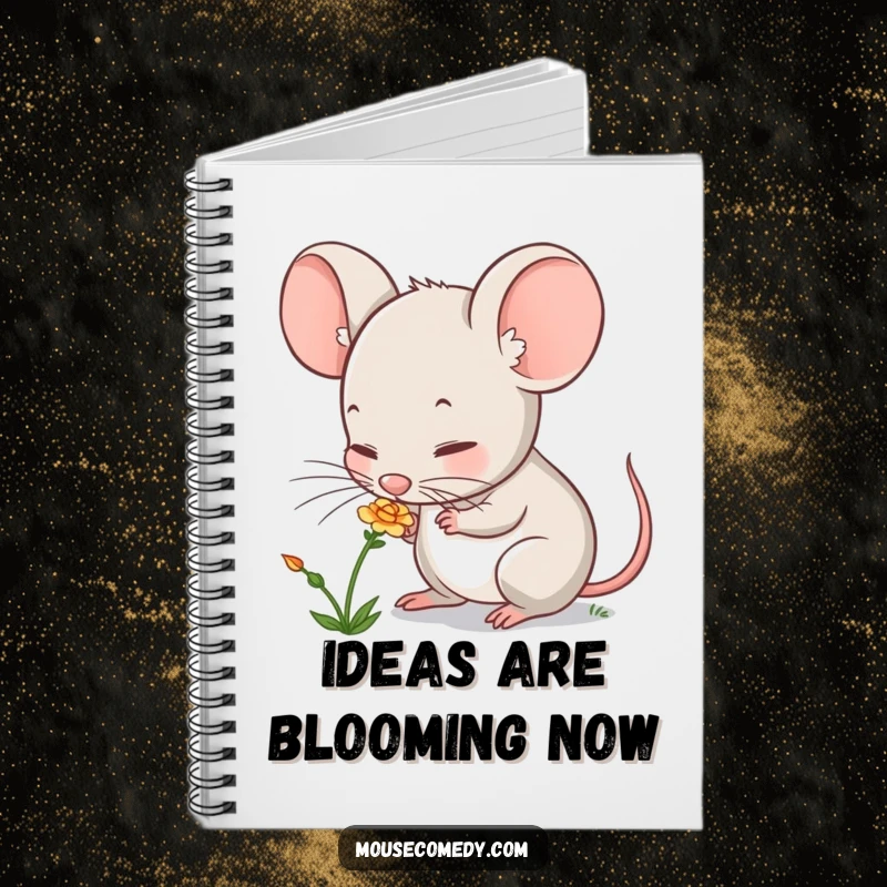 Funny mouse notebook with a cute character curiously sniffing a small flower, perfect for journaling or jotting down ideas.