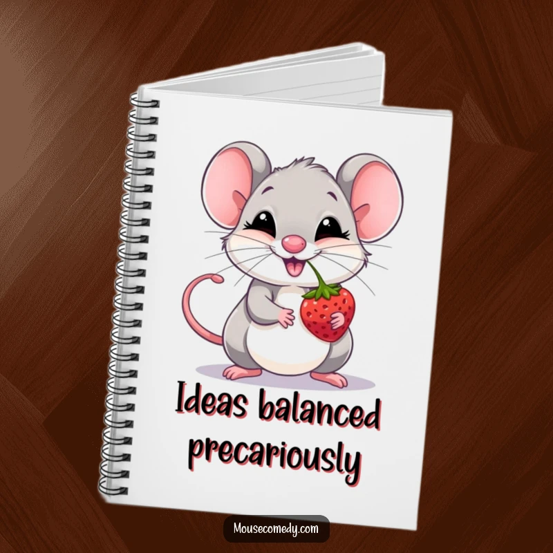 Funny giggling mouse balancing a berry on its nose, printed on the cover of a notebook.