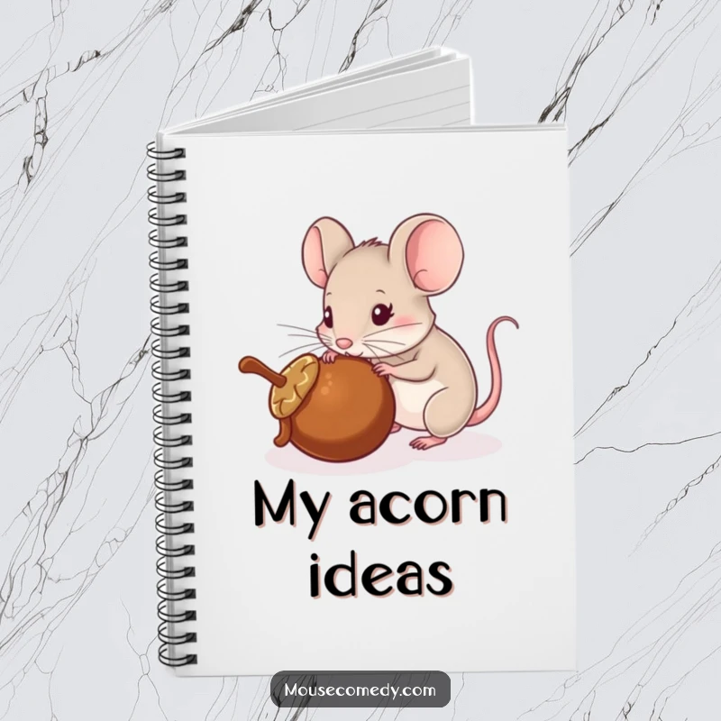 Funny notebook cover with a mouse playfully pushing a rolling acorn with its nose, inspiring focus and creative exploration.