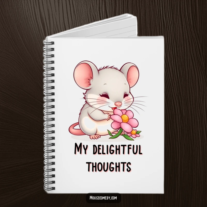 Funny mouse notebook showing a content mouse nibbling a flower petal, perfect for journaling, sketching, and peaceful contemplation.