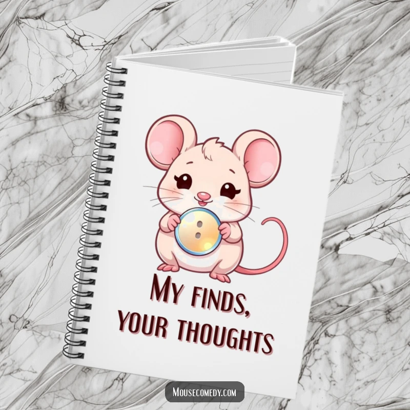 Funny notebook cover with a kawaii mouse winking and presenting a tiny, shiny button, inspiring cute notes.