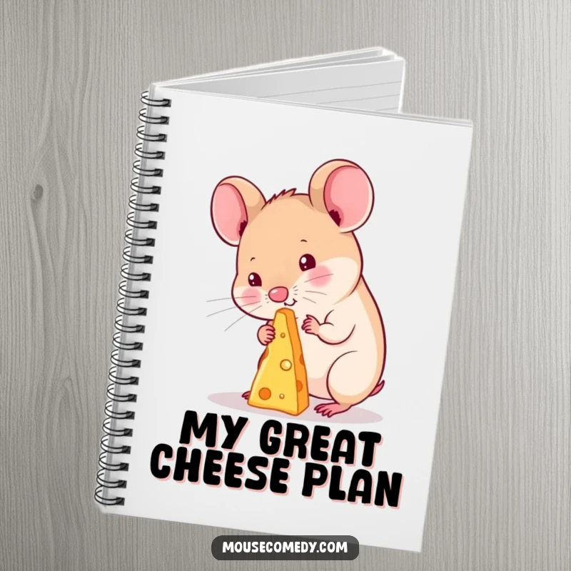 Funny kawaii mouse notebook, featuring a cute mouse attempting to balance a microscopic piece of cheese on its nose, delightful and amusing.