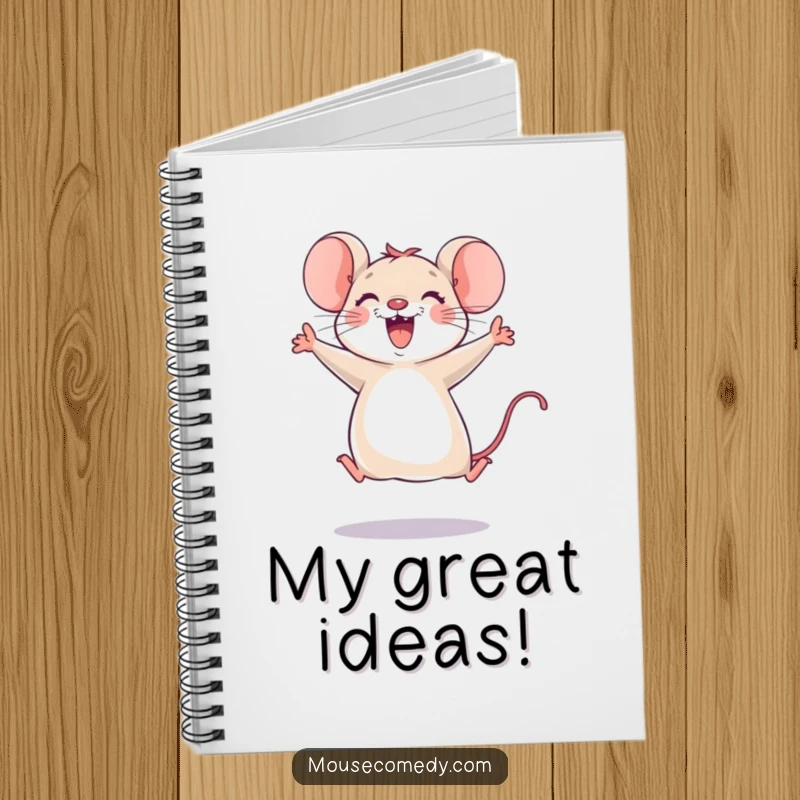Funny mouse notebook showcasing a joyful mouse mid-leap, paws up, perfect for capturing thoughts and inspiring creativity with its energetic design.
