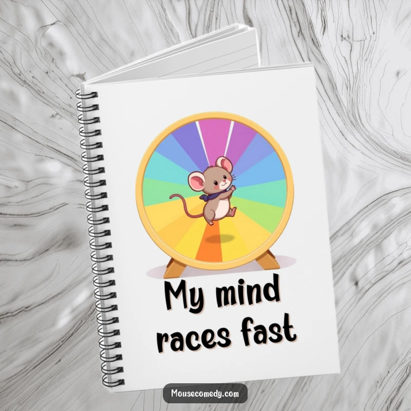 Funny Mouse Notebook: A playful mouse runs on a large, colorful hamster wheel, inspiring active thought.