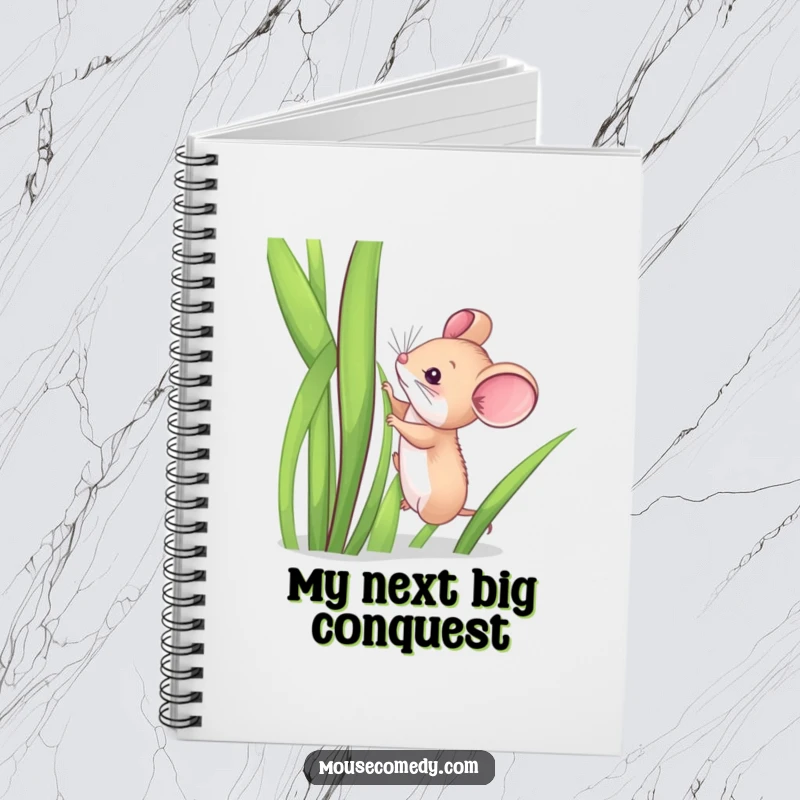 Funny notebook cover with a small mouse attempting to climb a tall blade of grass, inspiring humorous note-taking.