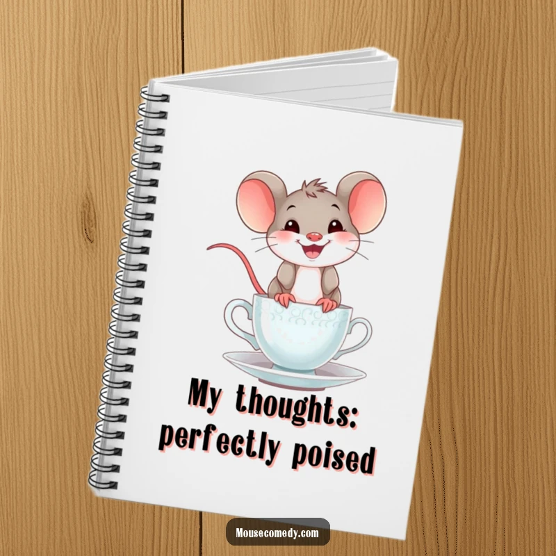 Funny mouse teacup notebook cover with a happy mouse and a wide grin humorously balancing on a teacup, for note-taking with a smile.