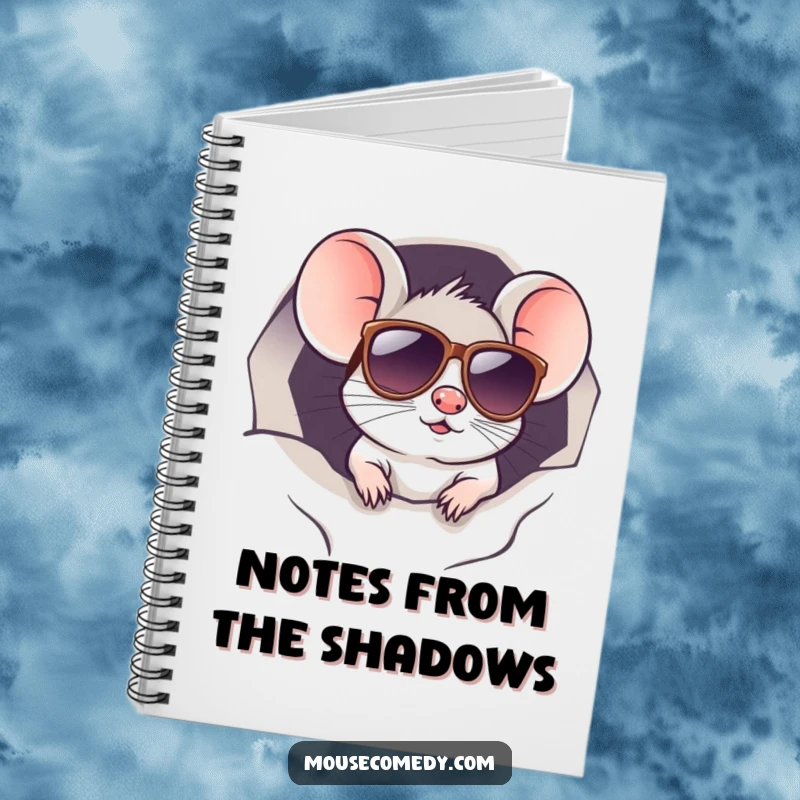 Funny kawaii mouse wearing sunglasses, peeking from a hole, ready for notes. Mysterious and funny gift.