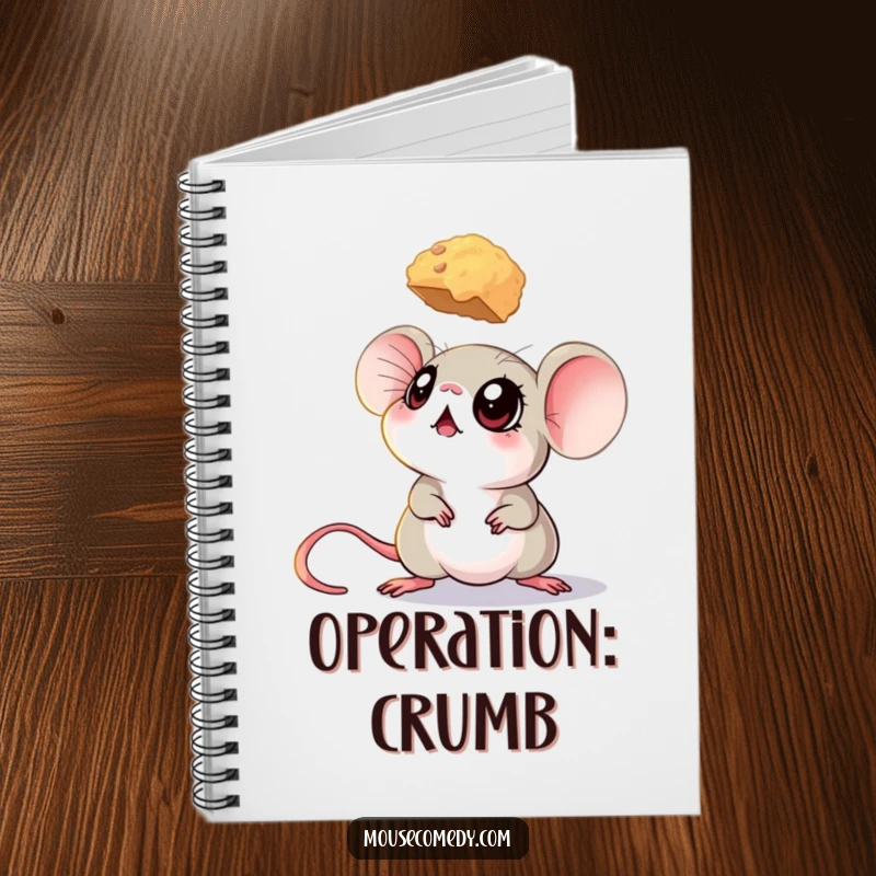 Funny mouse notebook with a mouse’s big eyes looking up at a hovering crumb, ready to jot notes.