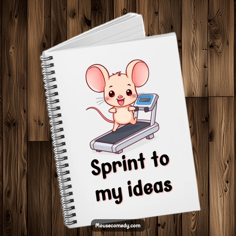 Funny kawaii mouse with big ears, running on a treadmill, ready for notes. A motivational and funny gift for writers.