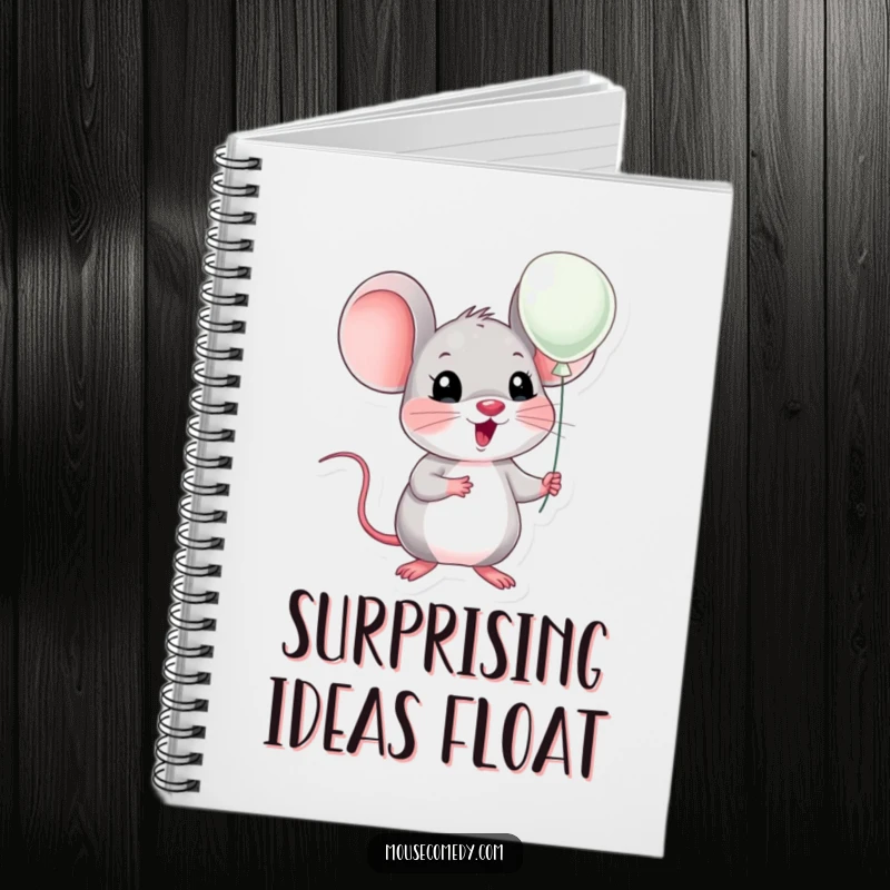 Funny kawaii mouse with wide eyes of surprise, holding a small balloon, ready for notes. Enthusiastic and funny gift.