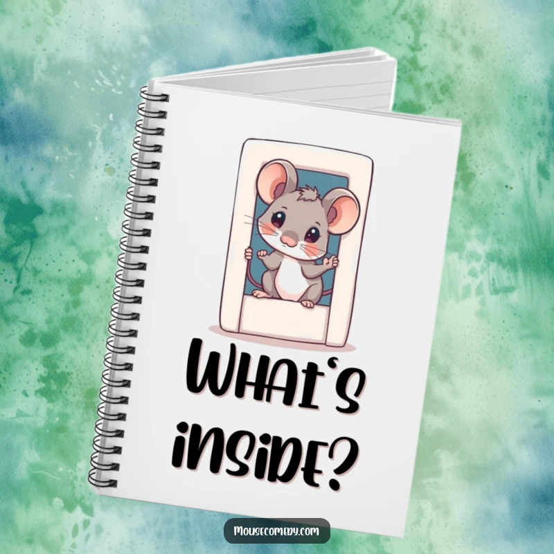 Funny curious mouse notebook cover, showing a small mouse with a tilted head peeking from a tiny door, inspiring note-taking.