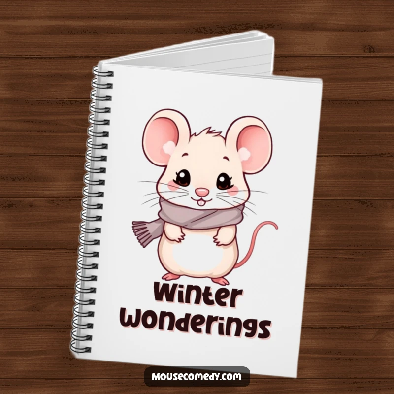Funny kawaii mouse wearing a small scarf, looking cold but happy on the cover of a lined notebook.