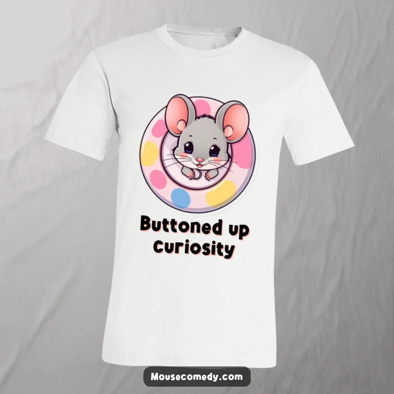Funny t-shirt print of a mouse cautiously peeking from behind a large, colorful button, embodying playful observation and stealth.