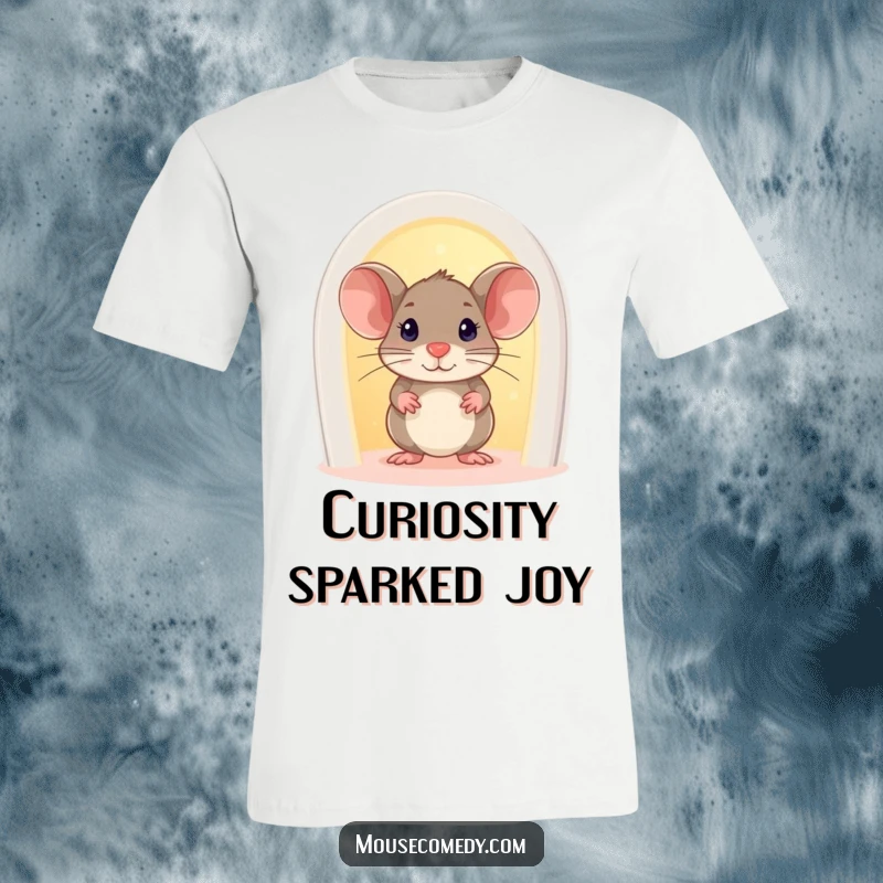 Funny Mouse T-Shirt: A small mouse with wide eyes cautiously peeks from a tiny, luminous doorway, full of wonder.