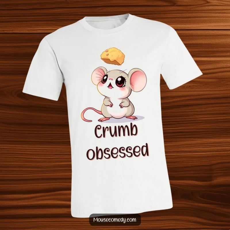 Funny mouse t-shirt with a mouse’s big eyes looking upwards with intense longing at a suspended crumb.