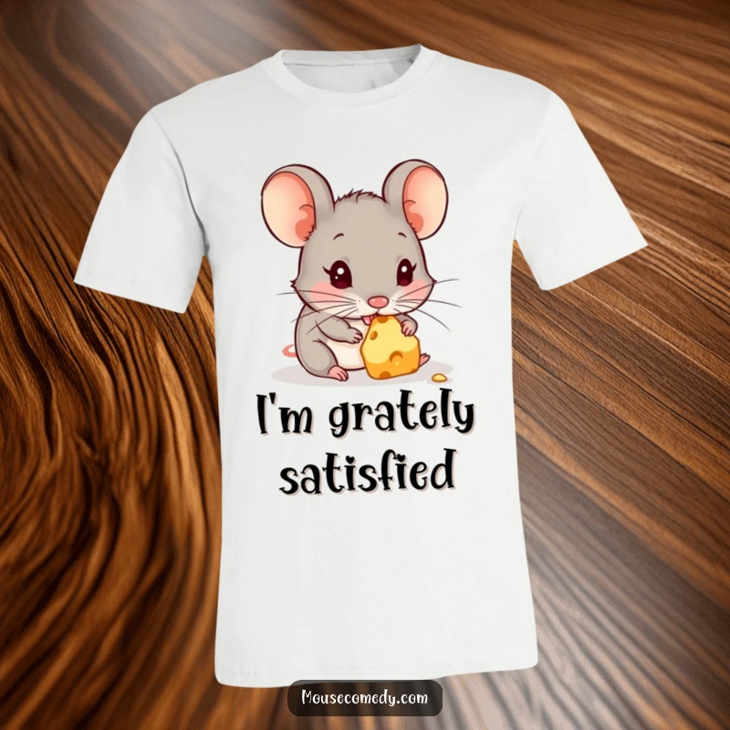 Funny t-shirt showing a cute mouse with a big smile, happily nibbling on a tiny piece of cheese, a delightful treat.
