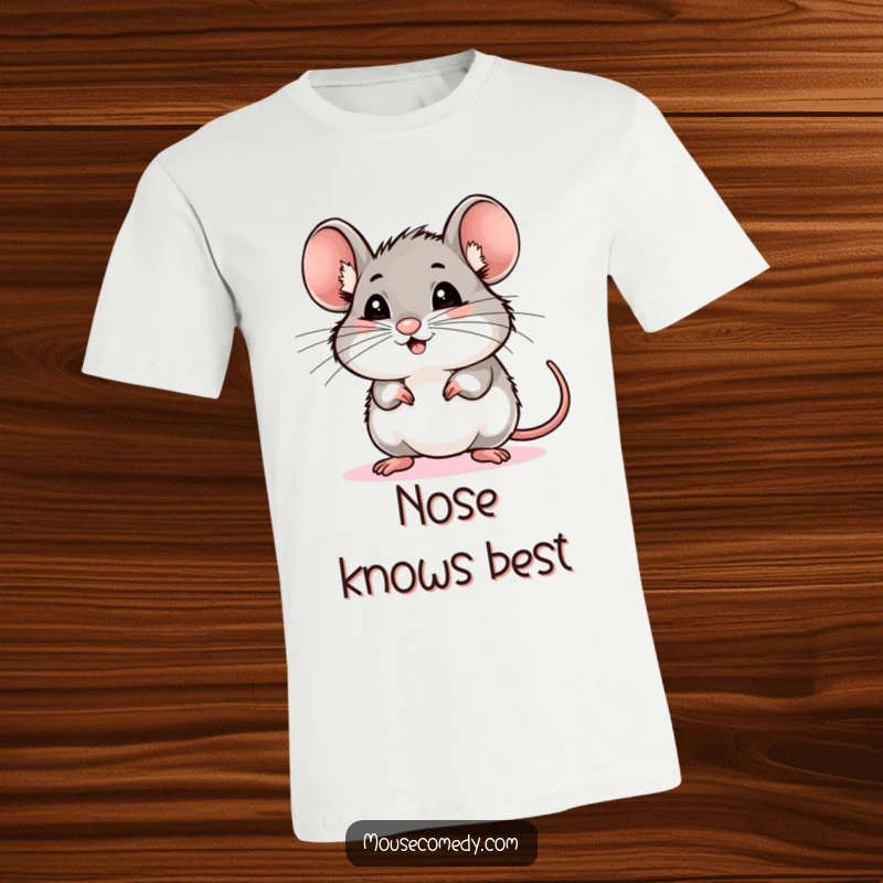 Funny mouse t-shirt showing a rodent with intensely excited whiskers, sniffing the air with anticipation, great funny gift idea.