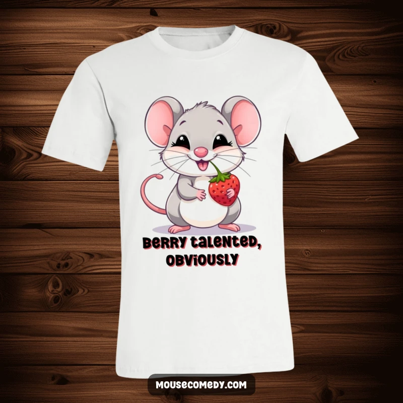 Funny mouse giggling with intense concentration while balancing a berry on its nose, on a soft t-shirt.