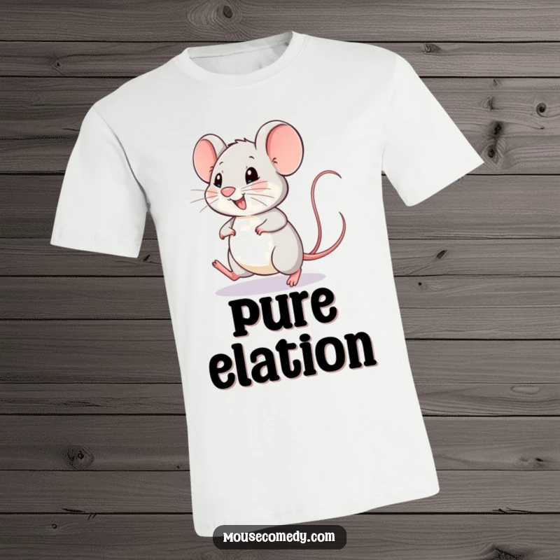 Funny mouse t-shirt featuring a happy mouse in mid-hop with its tail wagging enthusiastically, looking incredibly joyful.