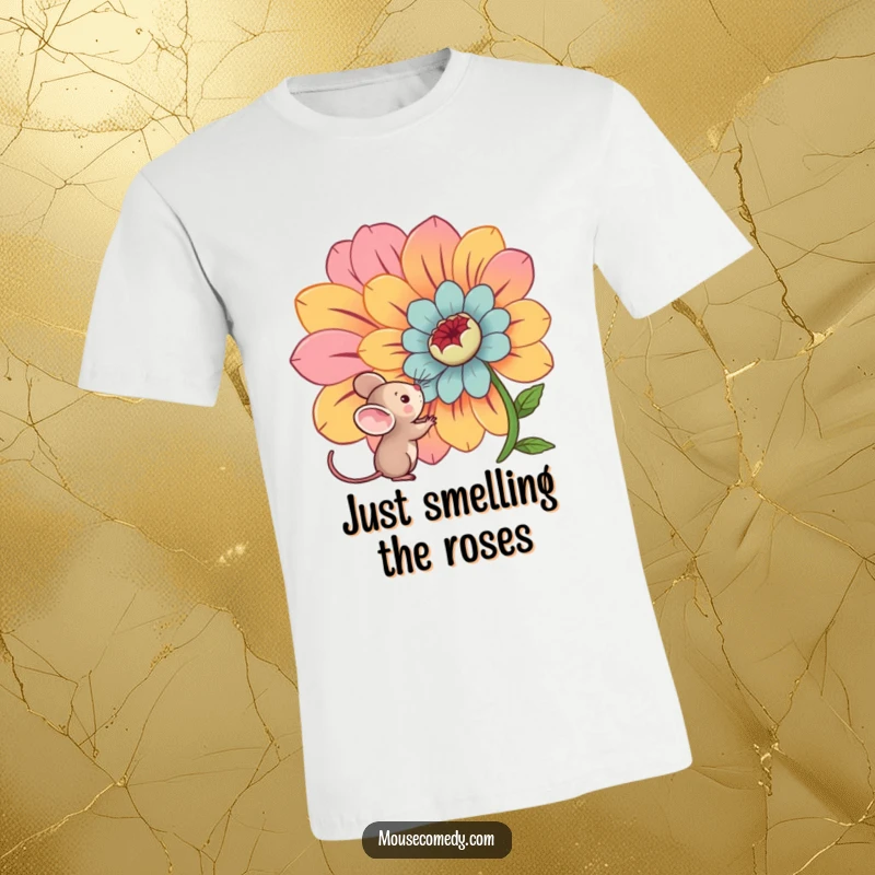 Funny kawaii mouse gazing with wide eyes at an enormous, brightly colored flower, exuding charm and curiosity on this t-shirt.