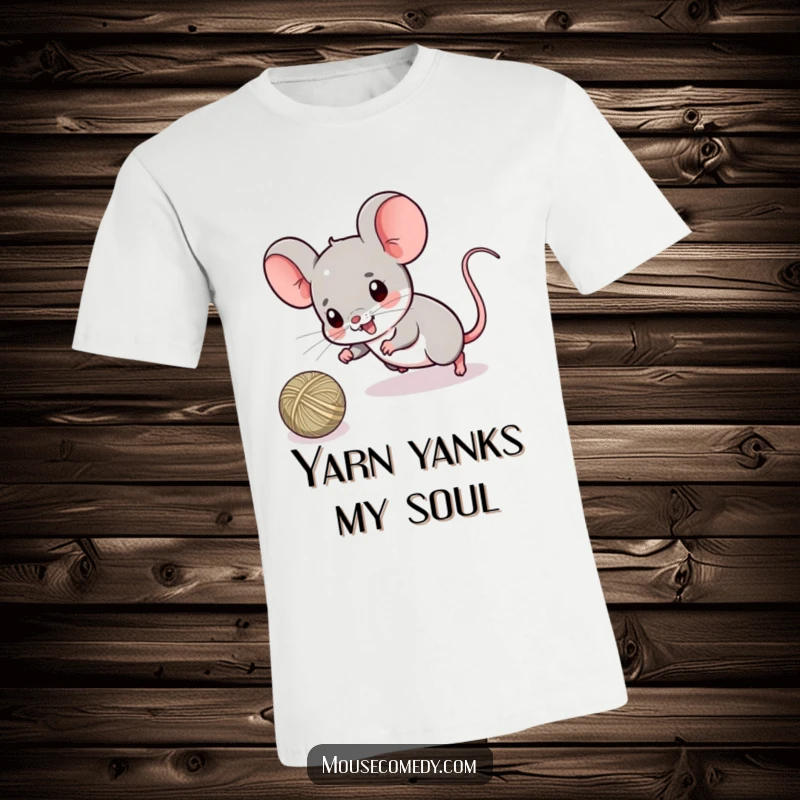 Funny t-shirt with an adorable kawaii mouse gleefully chasing a rolling ball of string, embodying pure, unadulterated playful energy.