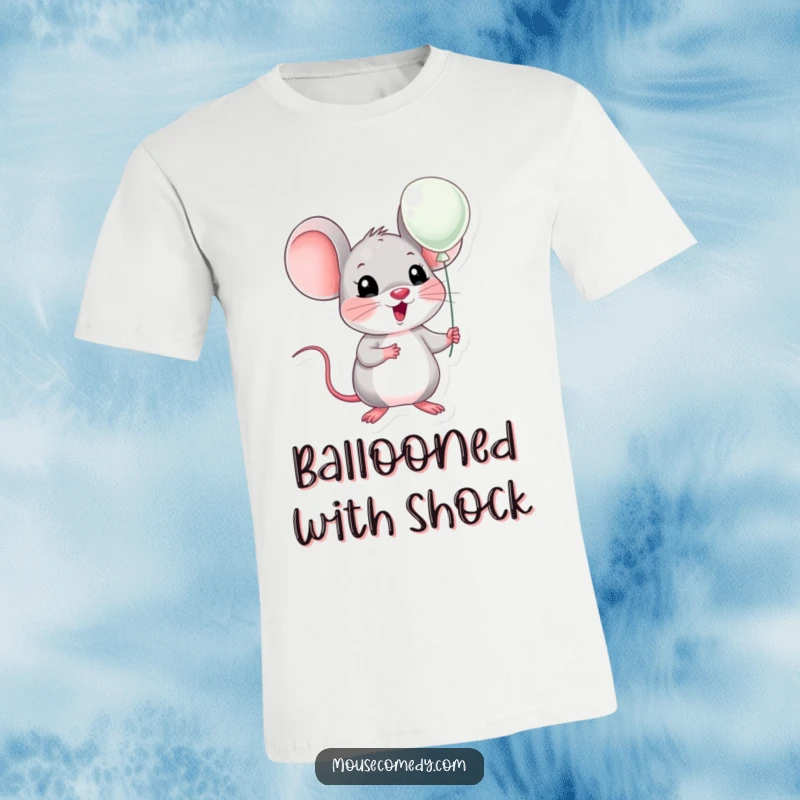 Funny kawaii mouse looking incredibly surprised, holding a tiny balloon, full of joy. Perfect funny gift.