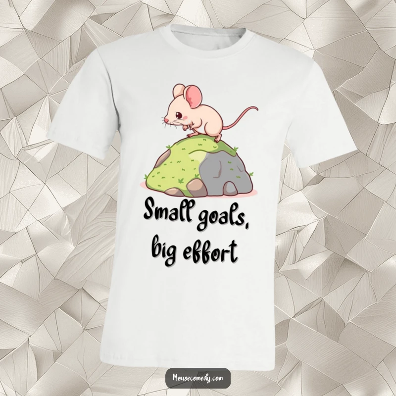 Funny t-shirt featuring a determined kawaii mouse with a steady gait, climbing a miniature hill, showcasing resilience and a spirit of adventure.