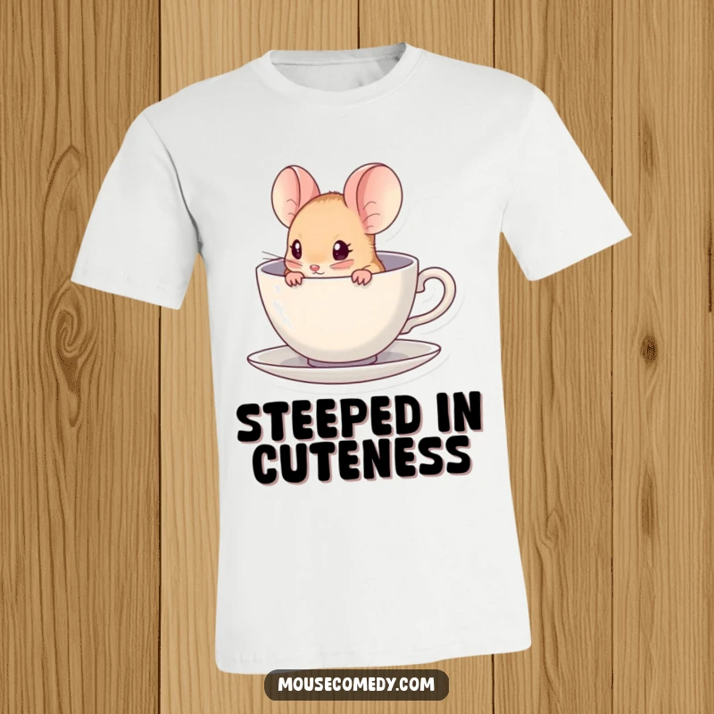 Funny kawaii mouse peeking out from a miniature teacup on a comfortable t-shirt, embodying curiosity.